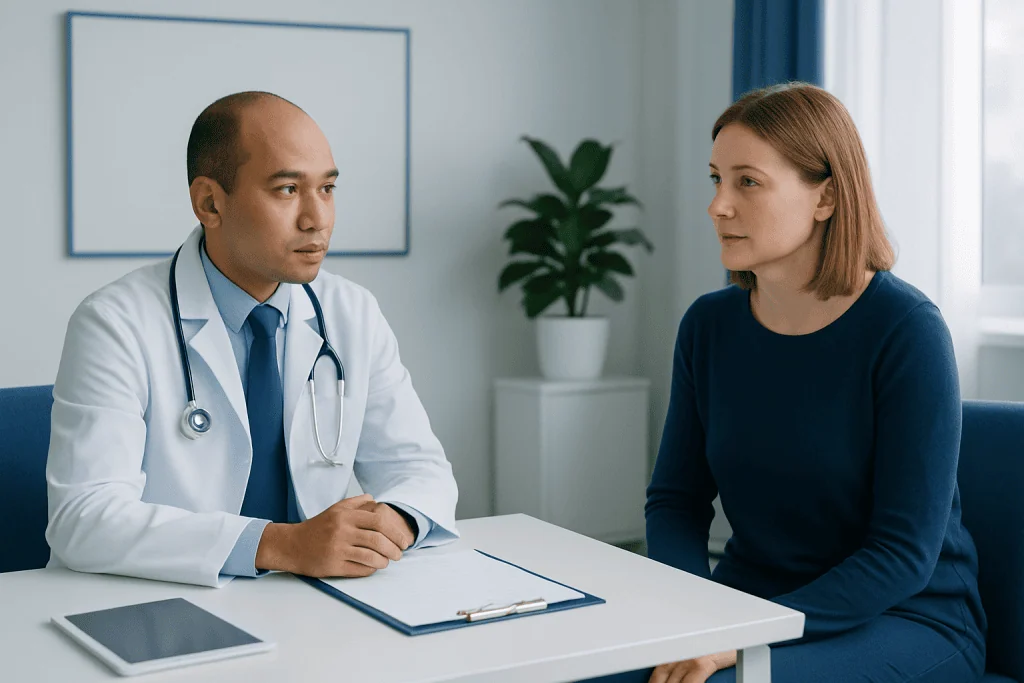 Doctor consulting with a female patient in a medical office.