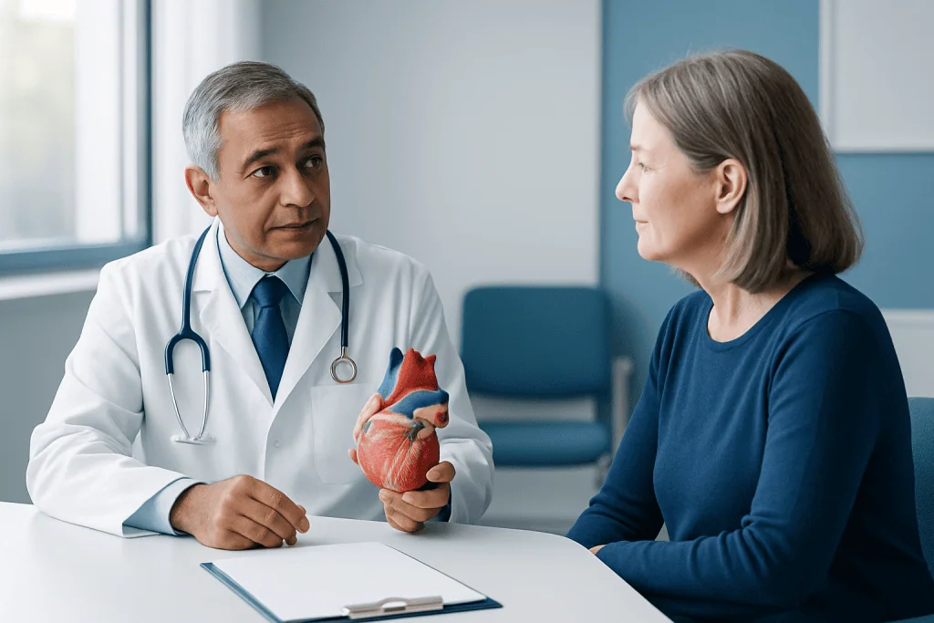 Cardiologist explaining heart health to a patient with a model of the heart.