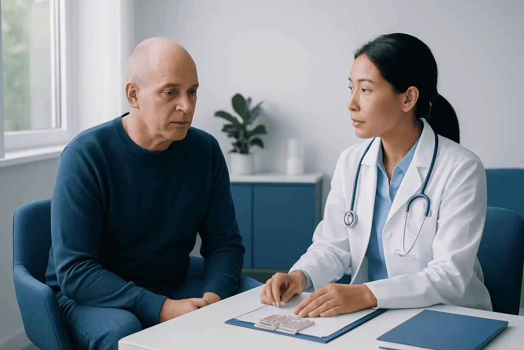 Doctor consulting with a patient in a modern medical office setting.