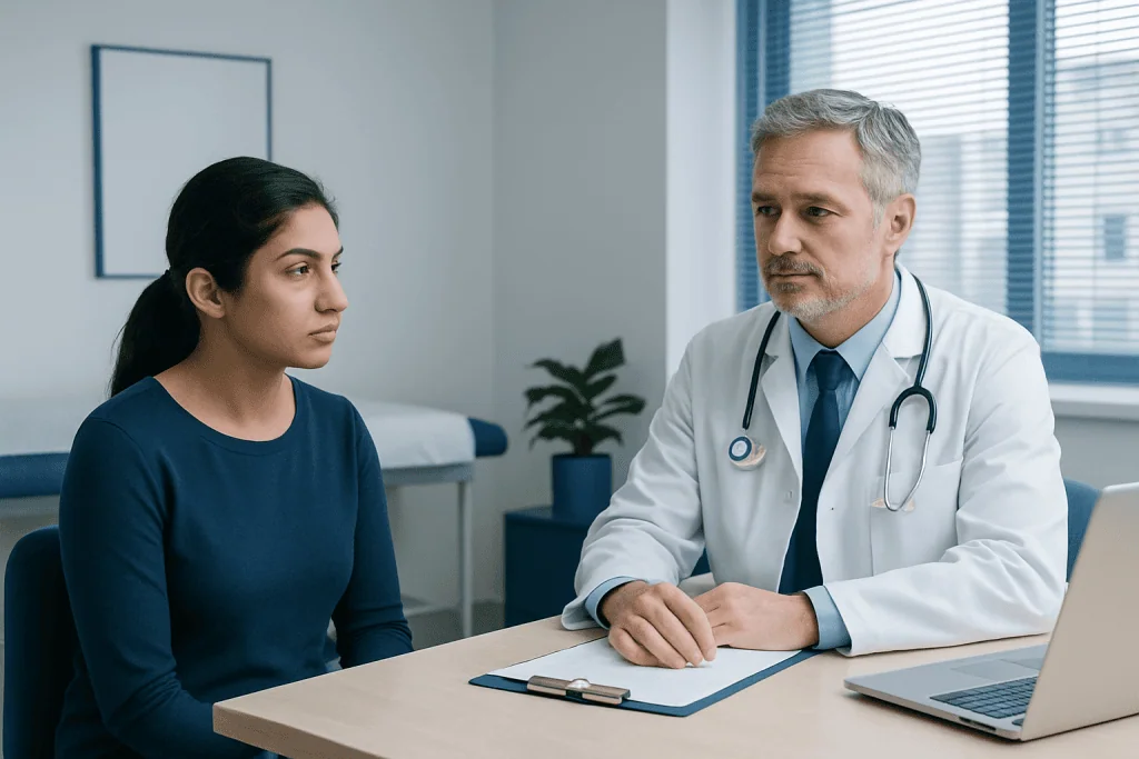 Doctor consulting with a female patient in a medical office.