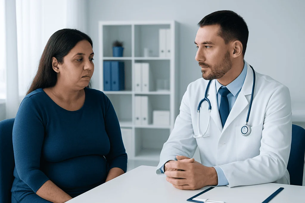 Doctor consulting with a patient about lipodystrophy symptoms and treatment options.