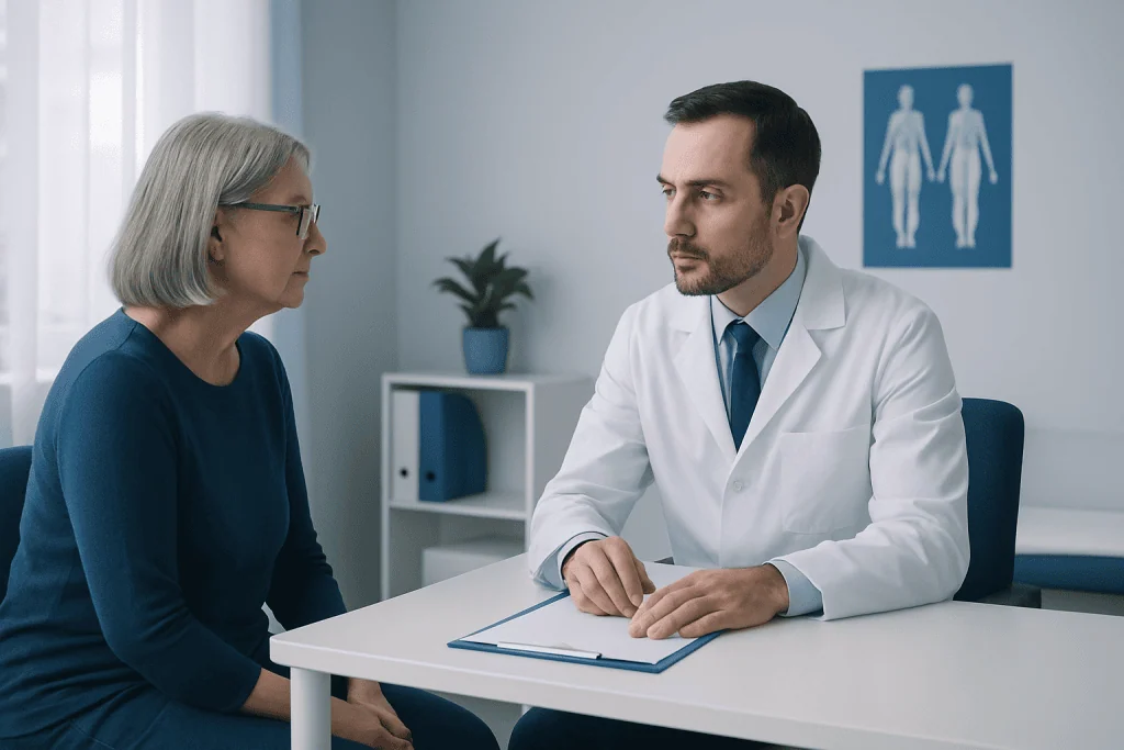 Doctor consulting with an elderly female patient in a medical office.