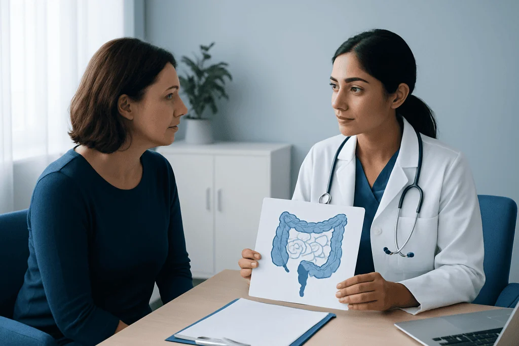 Doctor explaining colon health to patient with colon diagram.