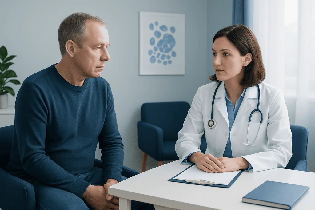 Doctor consulting with a male patient in a medical office setting.