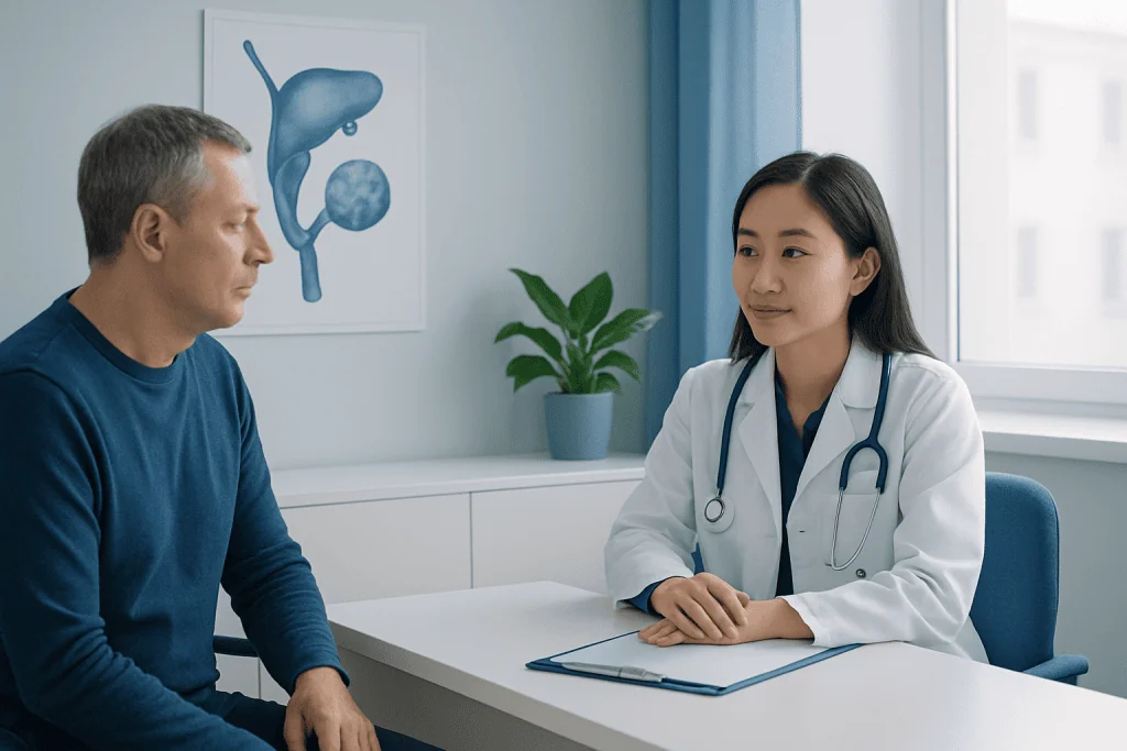 Doctor consulting with a male patient in a modern clinic setting.