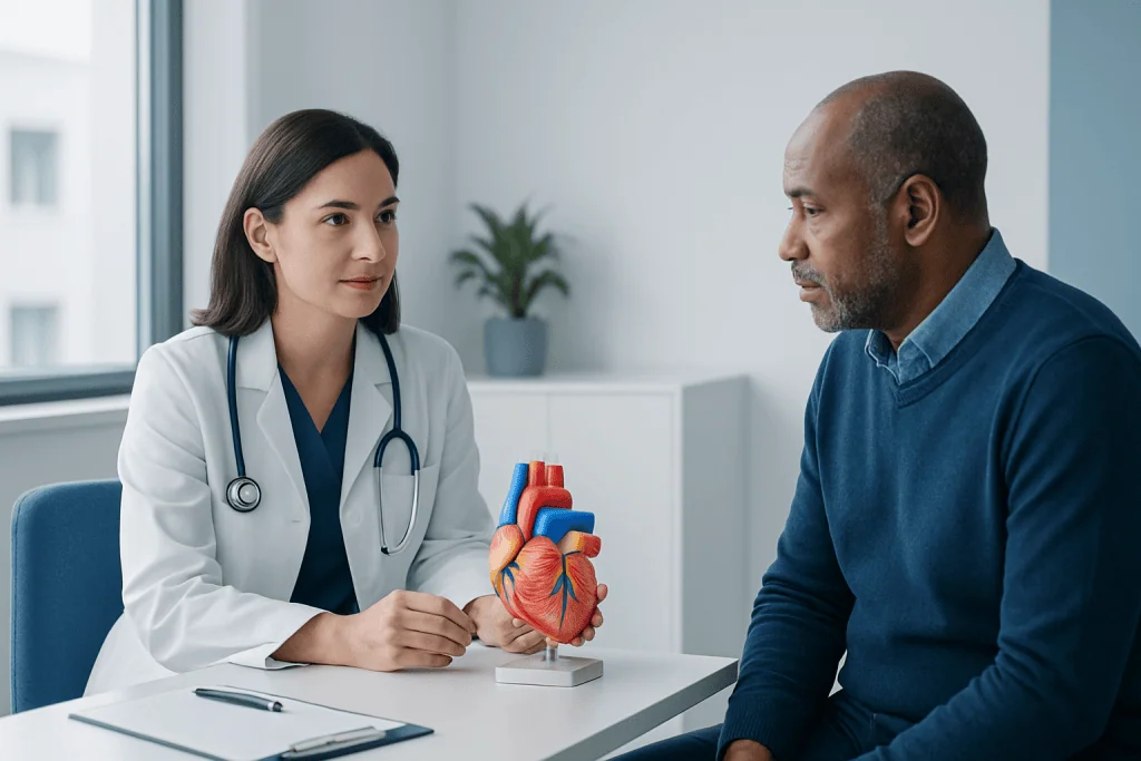 Doctor explaining heart valve anatomy to patient in consultation room.