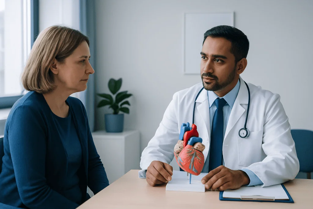 Doctor explaining heart tumor risks to a patient in consultation room.