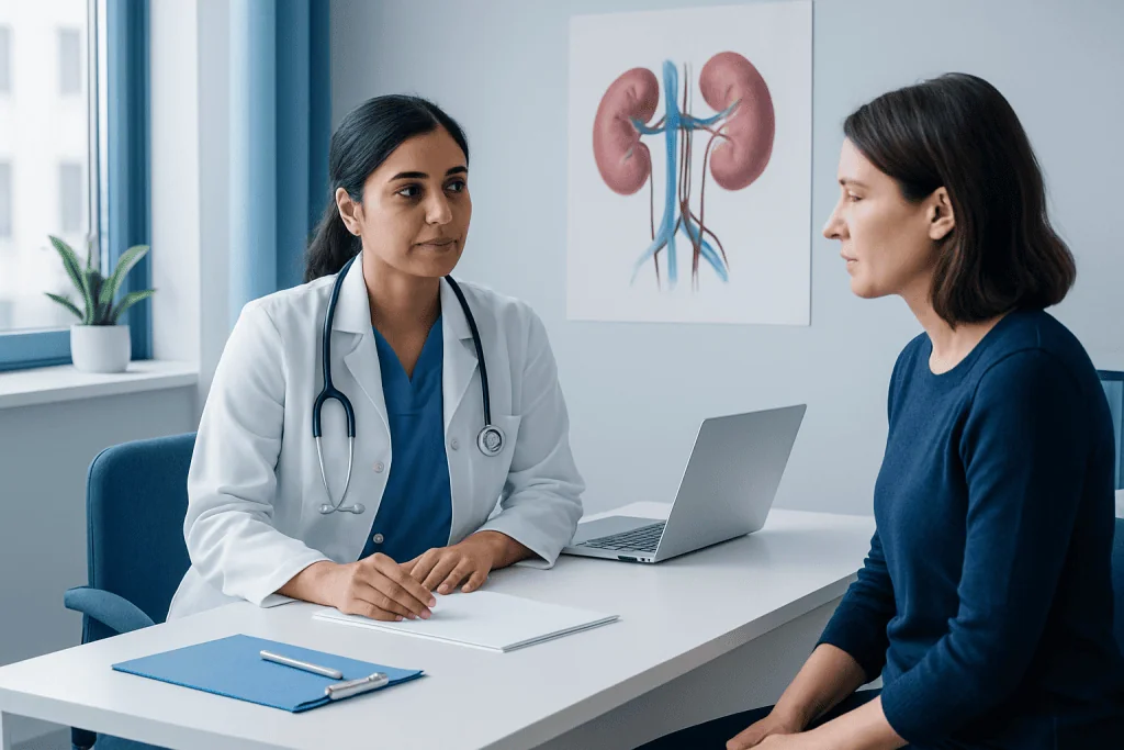 Doctor consulting patient about kidney health in a medical office.