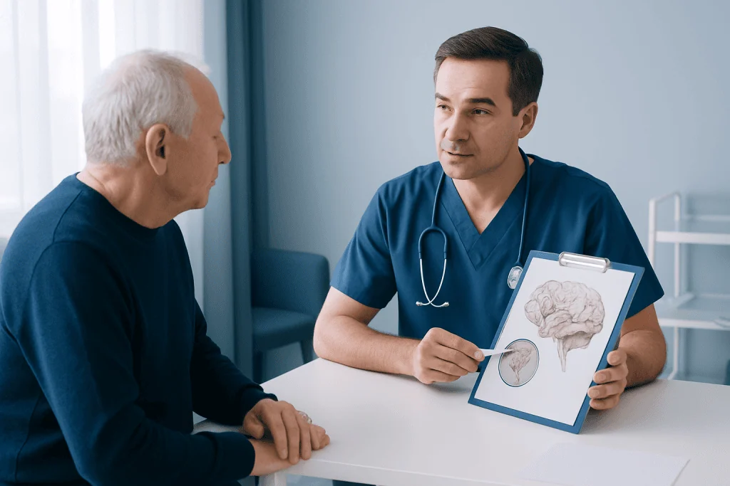 Doctor explaining brain health to elderly patient in a medical consultation room.