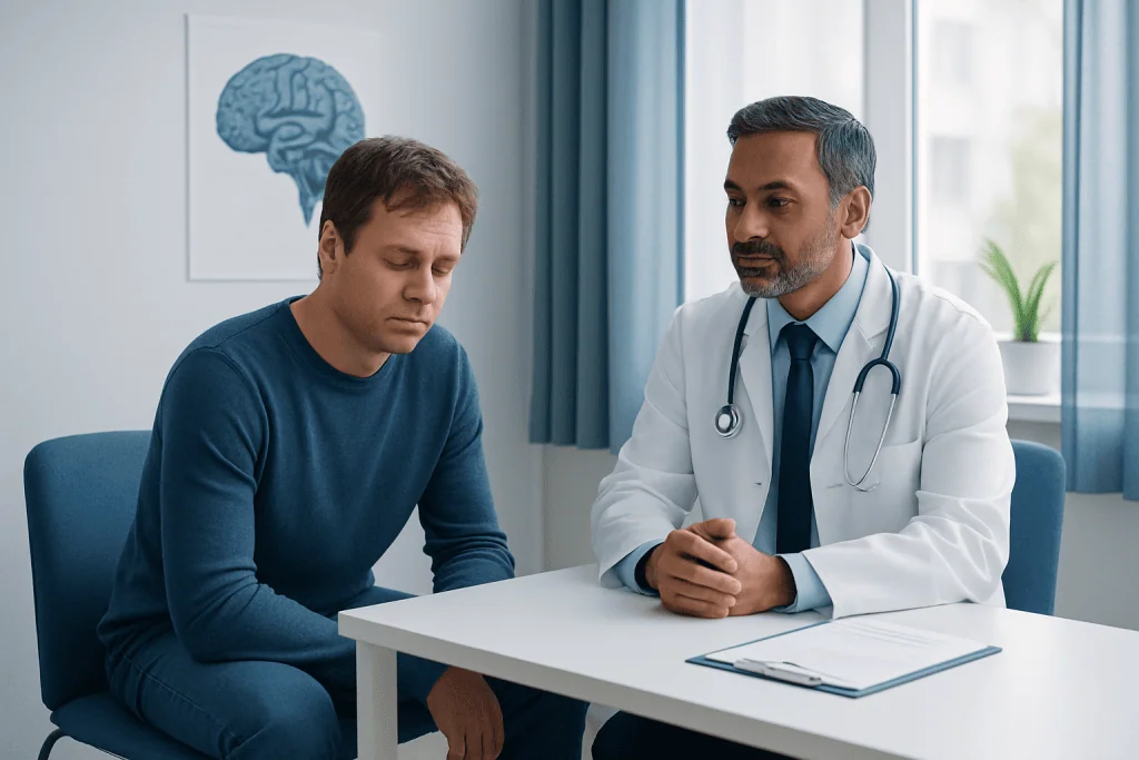Doctor consulting with patient about sleep disorder symptoms in clinic.