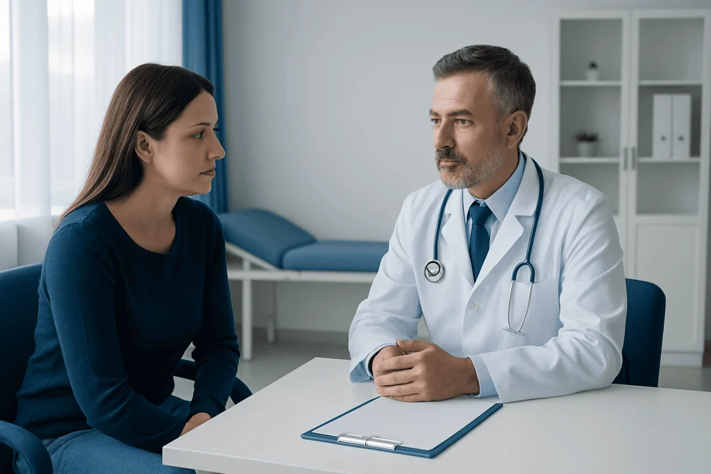 Doctor consulting with a patient in a medical office setting.