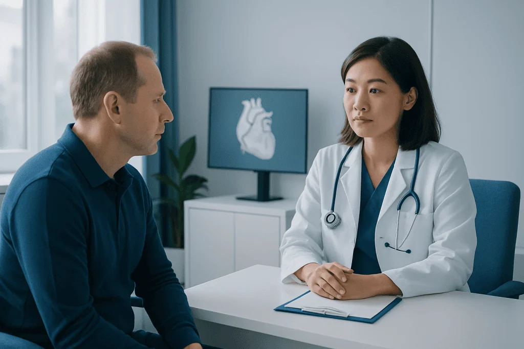 Doctor consulting patient about heart health in a modern clinic setting.
