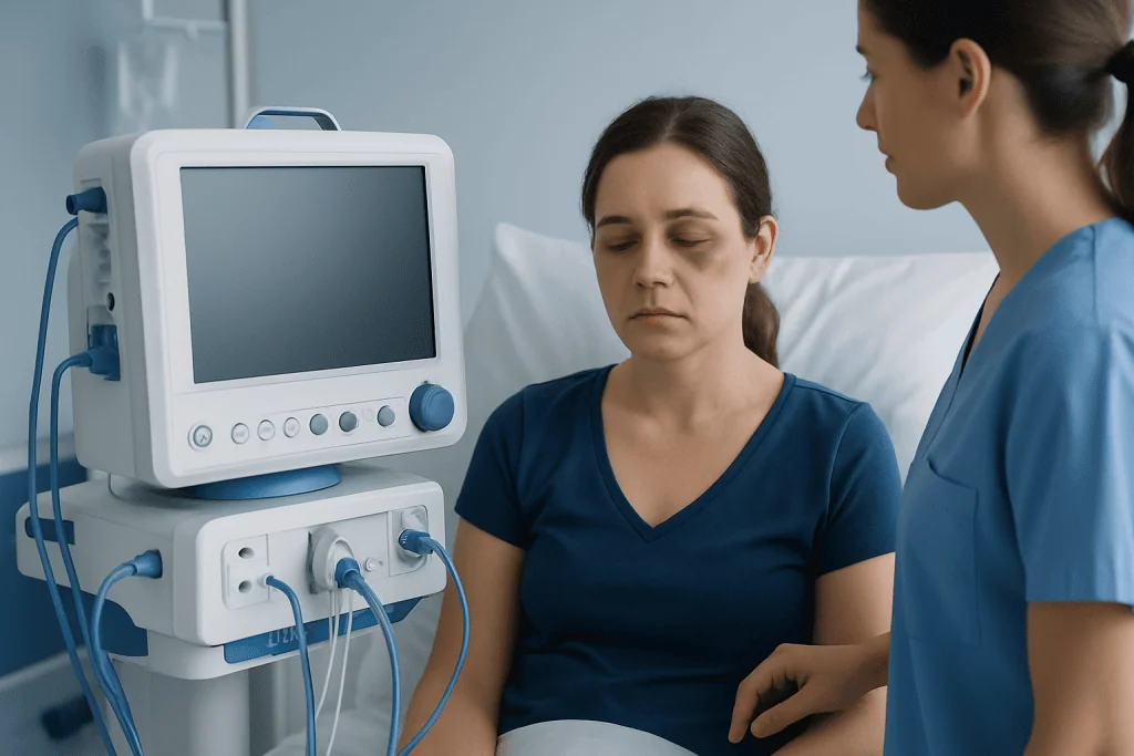 Patient receiving medical care with monitoring equipment in hospital setting.