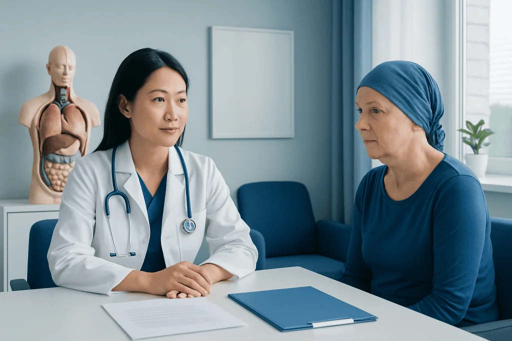 Doctor consulting with a female patient in a medical office setting.
