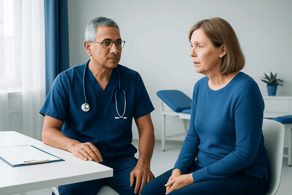 Doctor consulting with a female patient in a medical office.