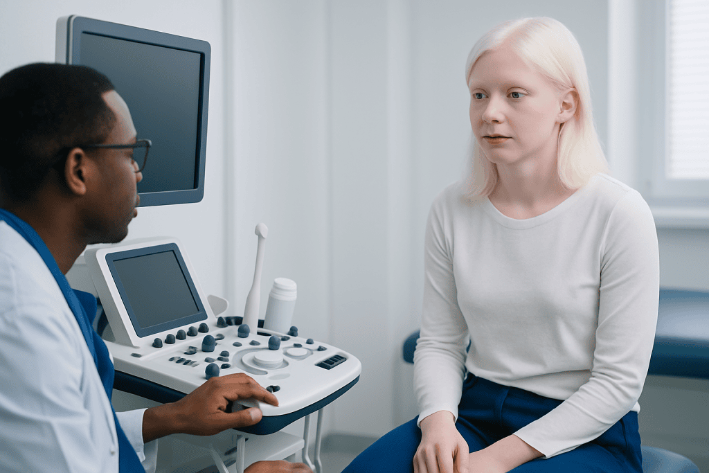 Doctor consulting with a young female patient in a medical office.