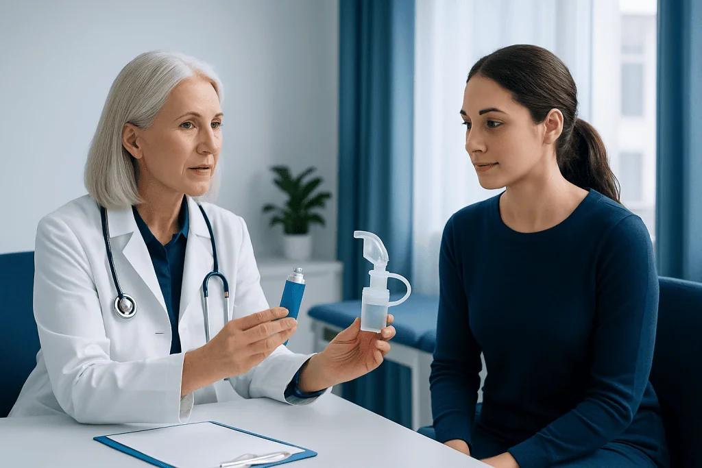 Doctor explaining inhaler use to a patient in a clinic setting.