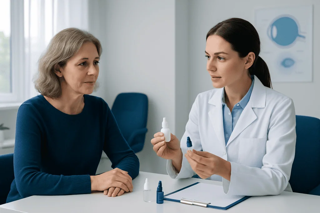 Optometrist explains allergy eye drops to patient in clinic setting.