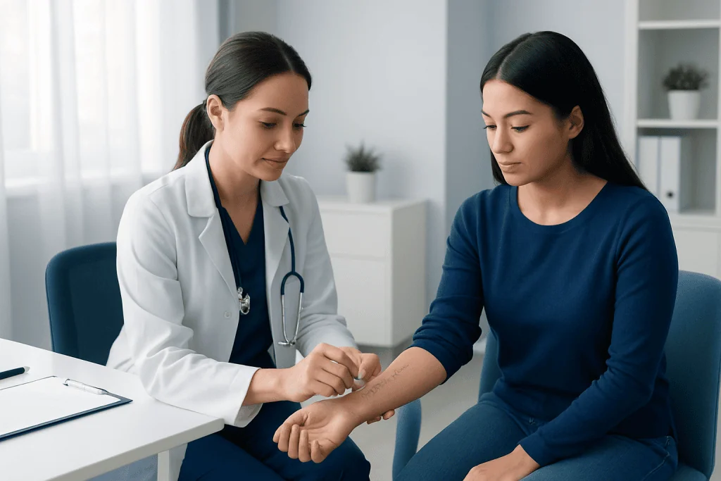 Doctor performing allergy skin test on patient in clinic setting.