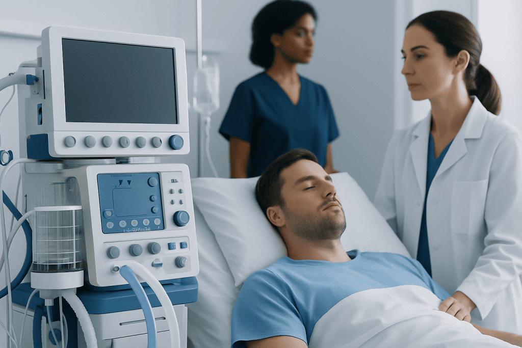 Patient in hospital bed with medical staff and monitoring equipment.