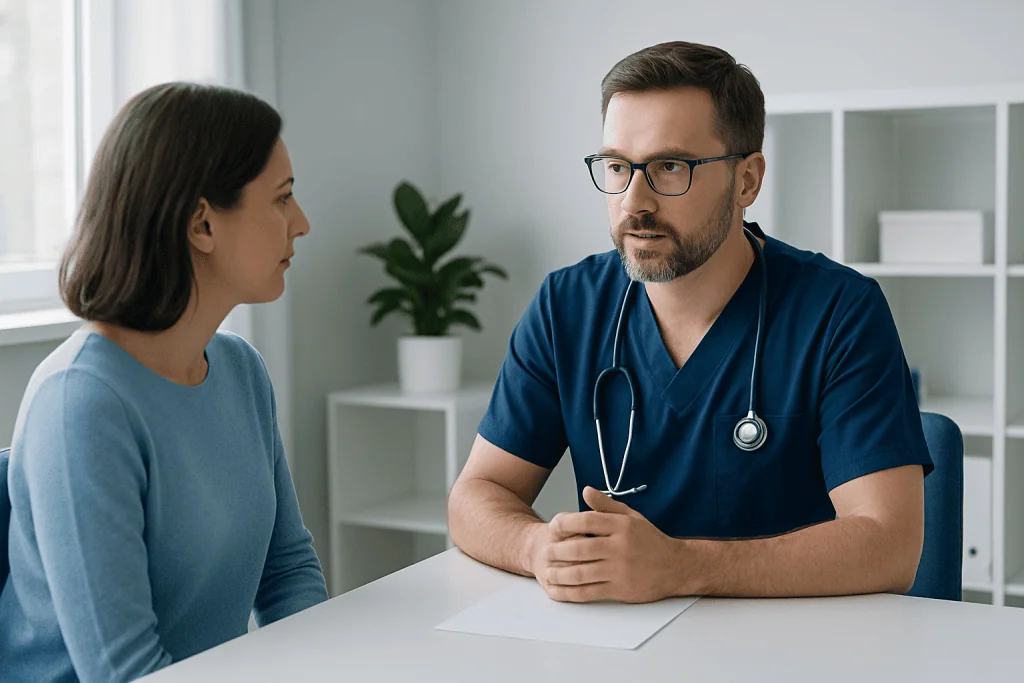 Doctor consulting with a patient in a modern medical office.