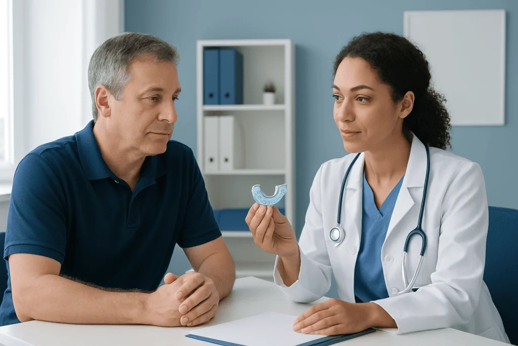 Doctor explaining a dental device to a patient in a clinic setting.