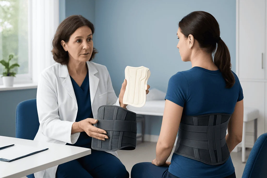 Doctor explaining back brace to patient in a medical consultation.