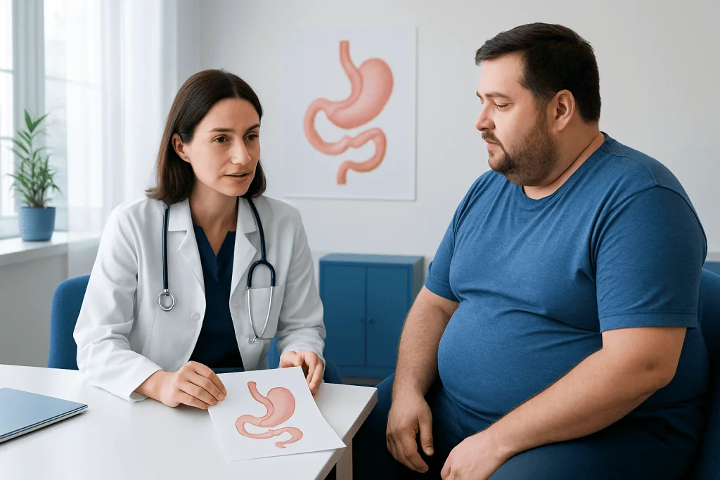 Doctor explaining gastric anatomy to a patient during consultation.