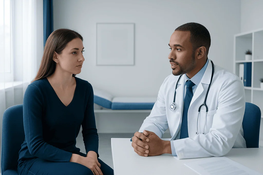 Doctor consulting with a female patient in a modern clinic setting.