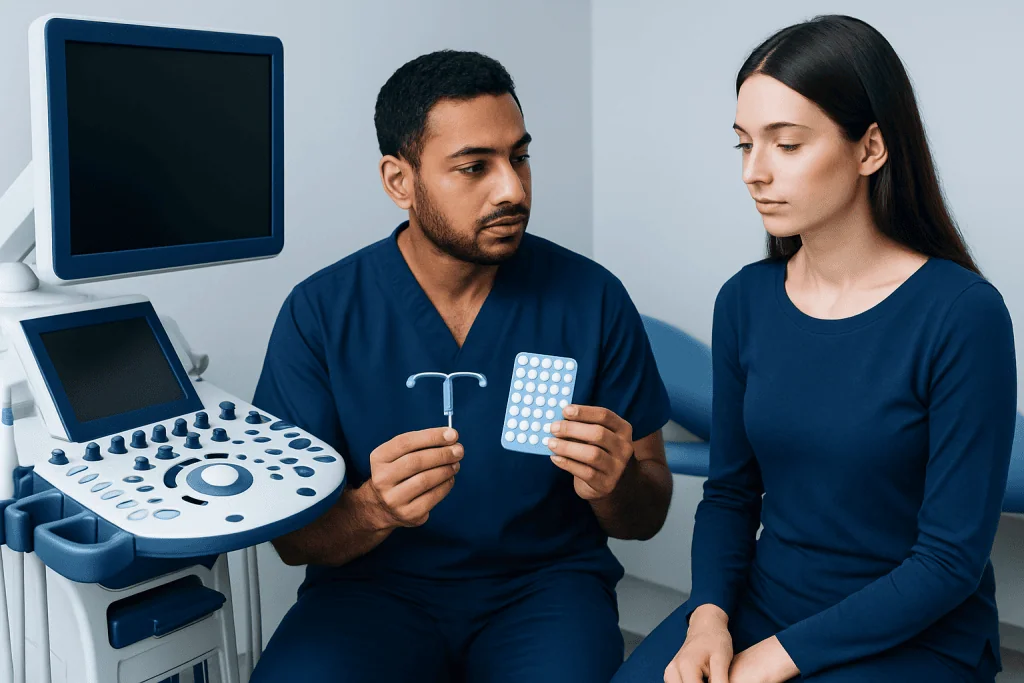 Doctor explaining birth control options to a patient in a medical clinic.