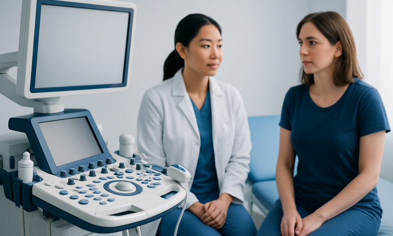 Doctor consulting a patient with ultrasound equipment in a clinic.