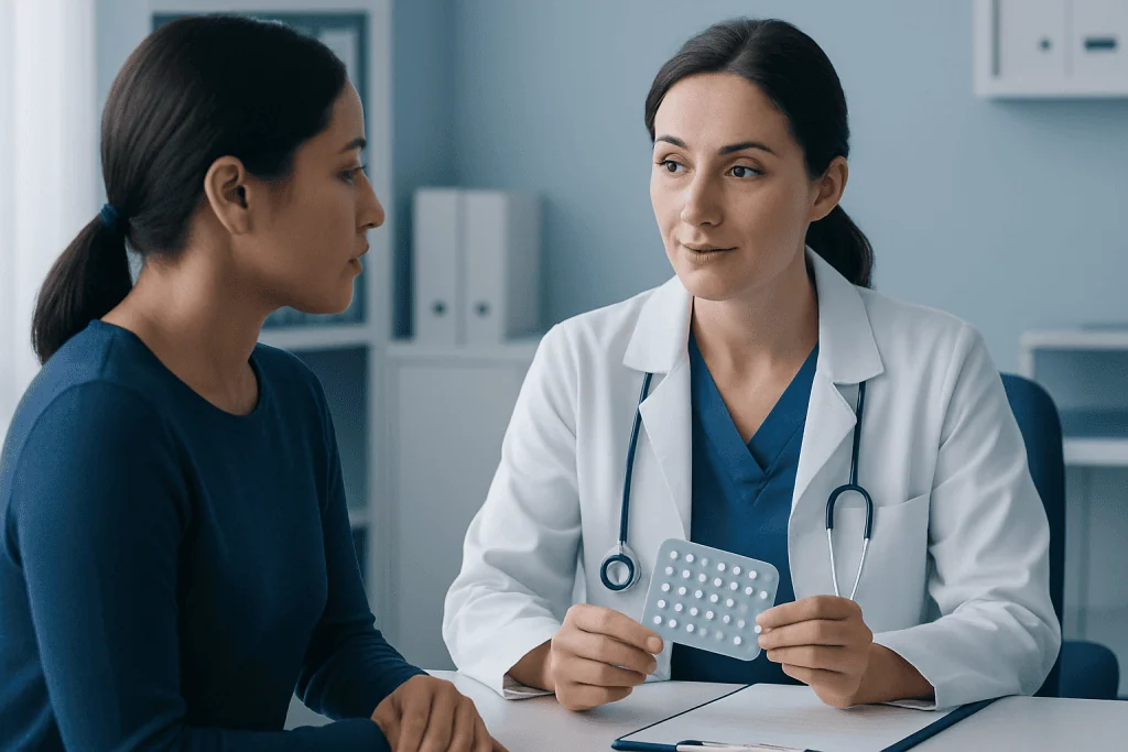 Doctor consulting with a patient about birth control options in a medical office.