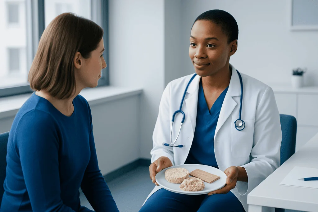 Doctor offering a bread substitute to a patient in a medical consultation.