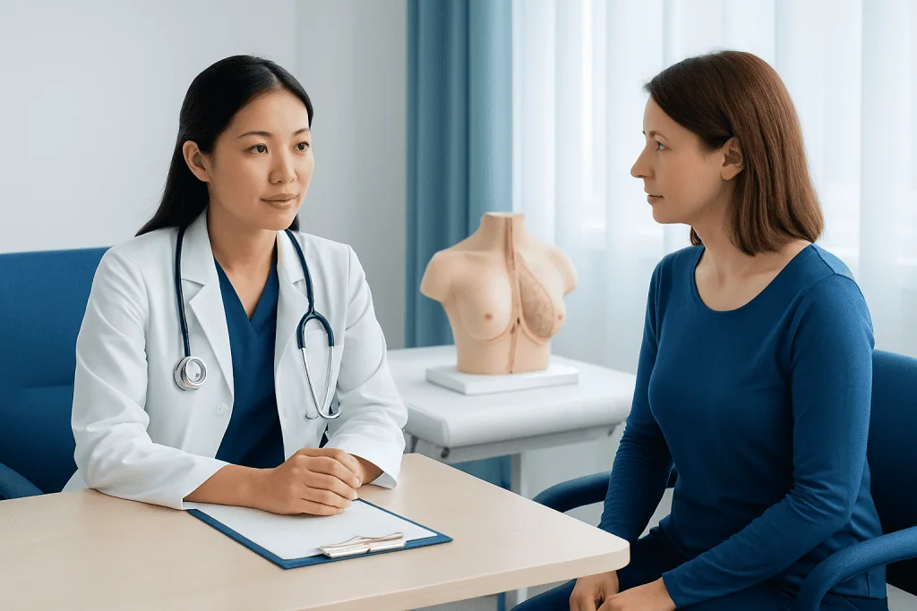Doctor consulting with patient about breast biopsy procedure at Acibadem Hospital.
