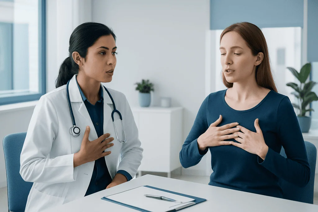 Doctor consulting with patient about breathing issues in a clinical setting.