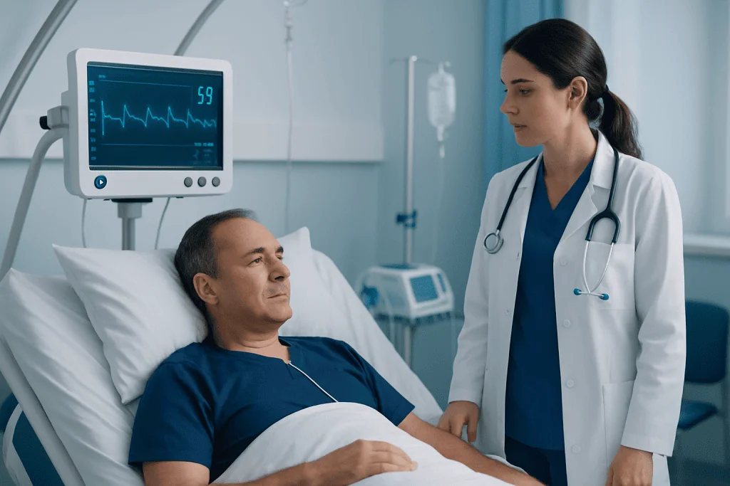 Doctor consulting with male patient in hospital room with medical monitors.