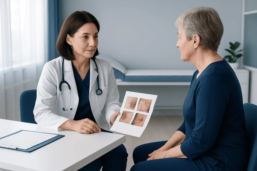 Doctor explaining skin biopsy images to an elderly patient in a medical consultation.