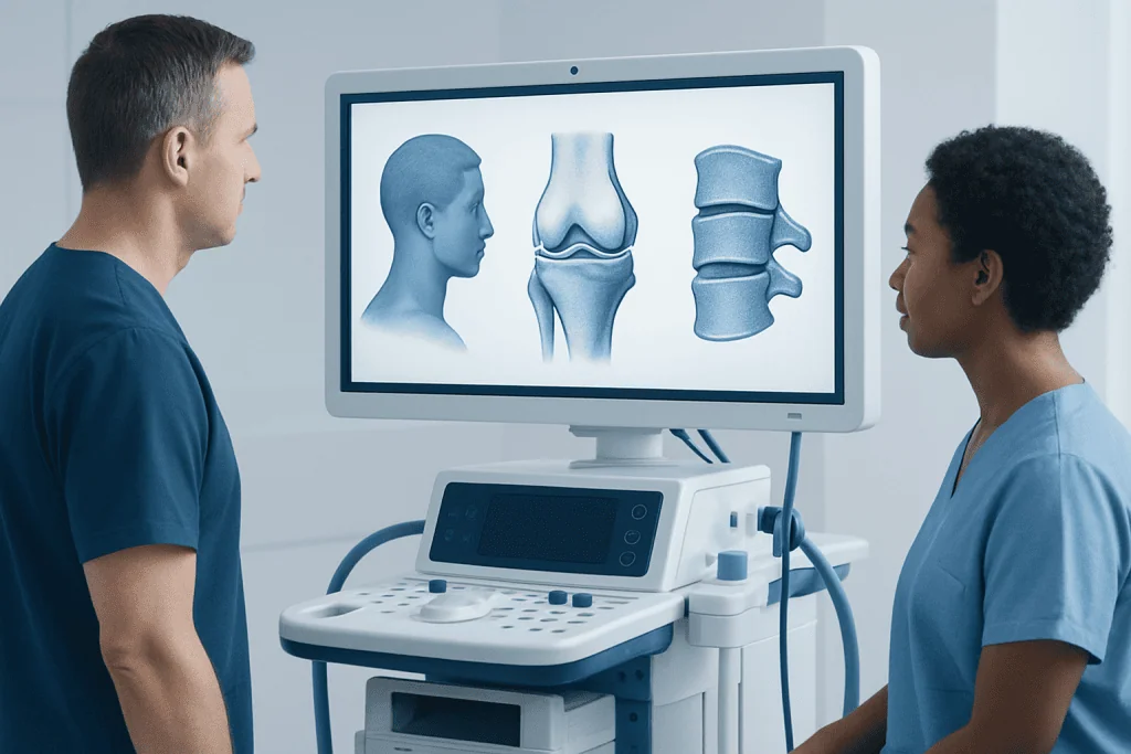 Medical professionals reviewing knee and spine MRI scans on a monitor.