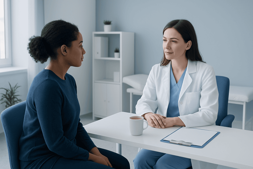 Doctor consulting with patient in a medical office setting.