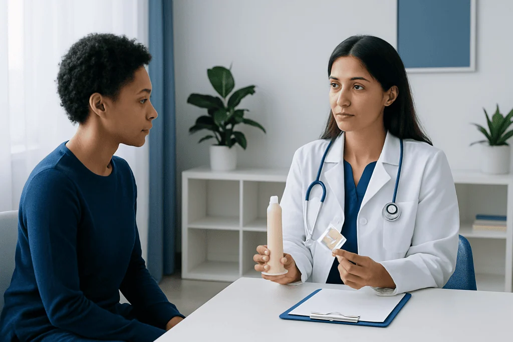 Doctor explaining condom use to a patient in a medical consultation.