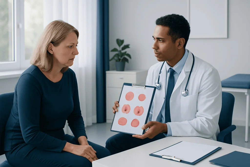 Doctor explaining cyst removal options to a patient in a consultation room.