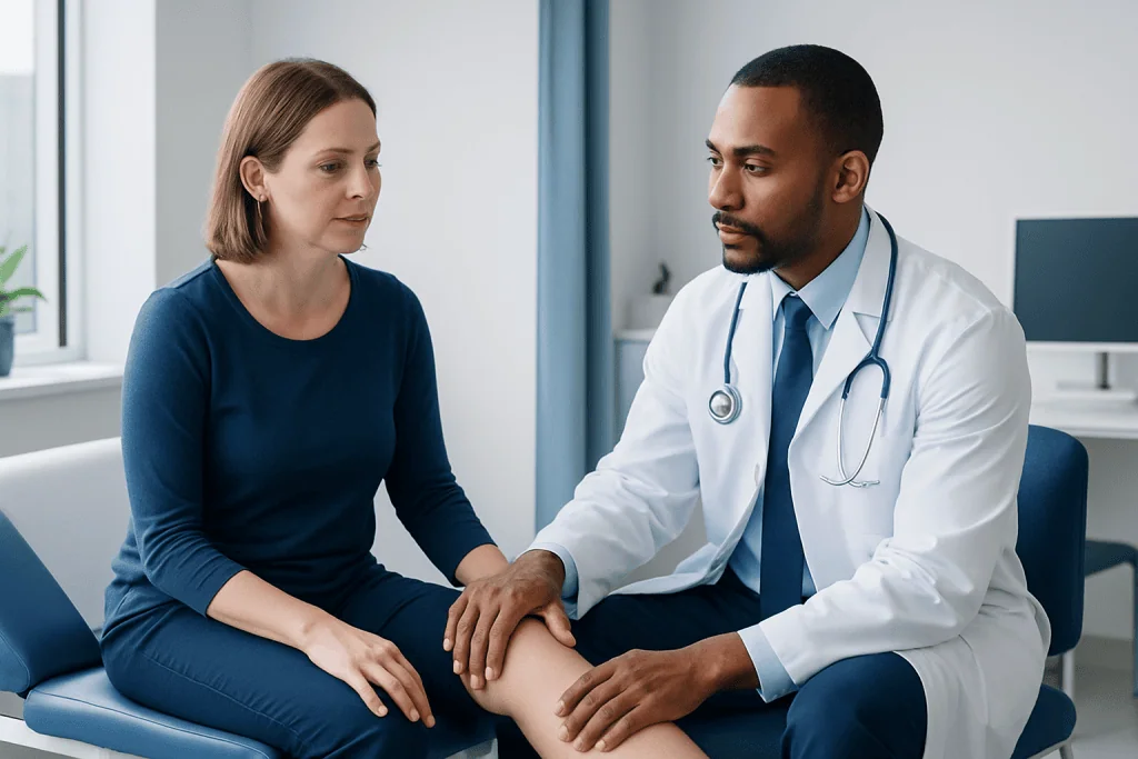 Doctor examining patient's leg in a medical consultation room.