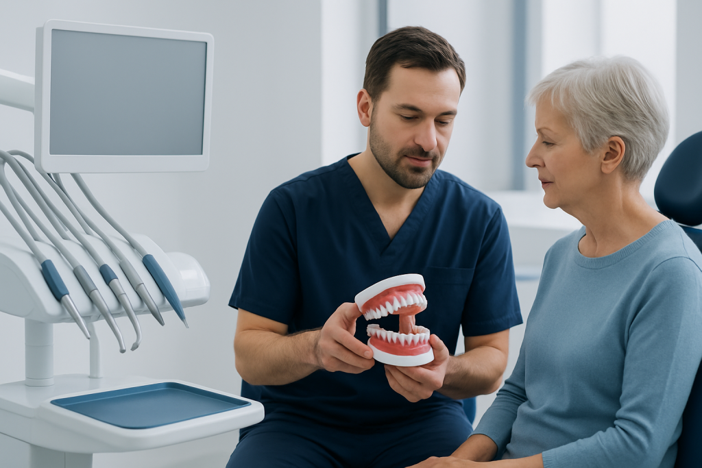 Dentist explaining denture use to an elderly woman in a clinic setting.