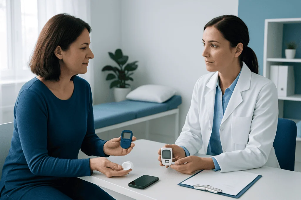 Patient and doctor discussing blood glucose monitoring devices in a clinical setting.