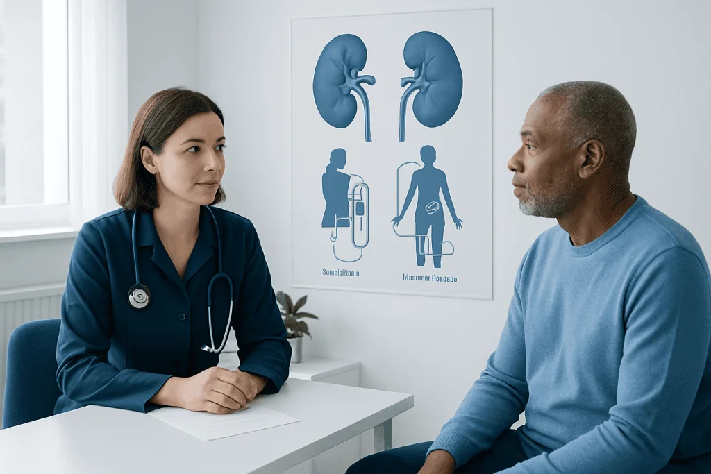 Doctor discussing kidney health with patient in clinic setting.