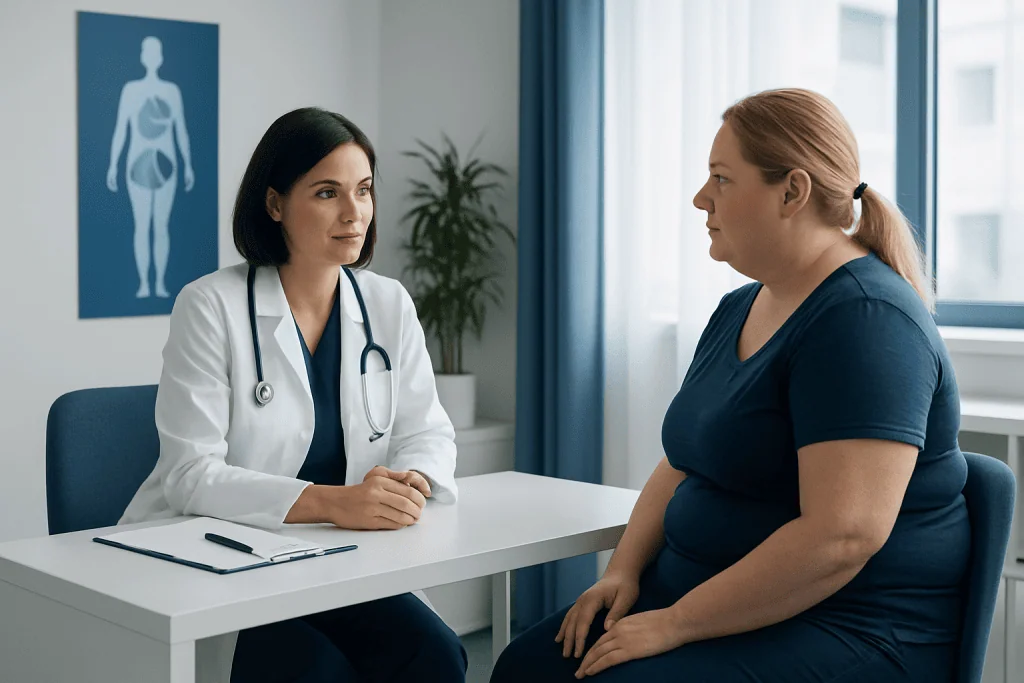Doctor consulting with overweight woman in a medical office.