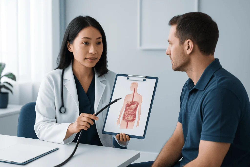 Doctor explaining digestive system to patient with stomach diagram.