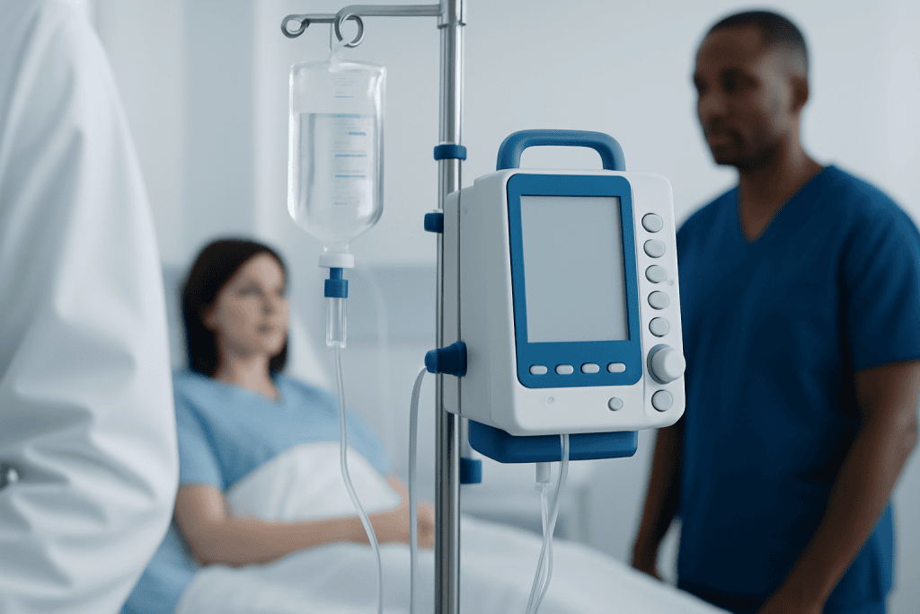 Hospital scene with IV drip and medical monitor in a patient room.