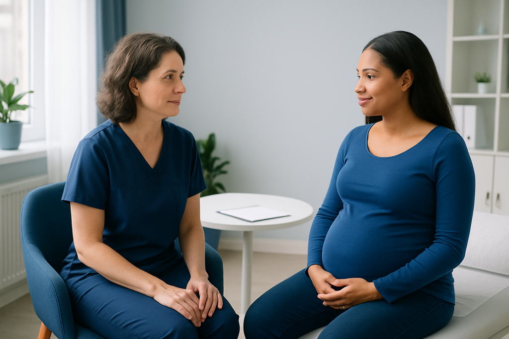 Pregnant woman consulting with a healthcare professional in a clinic setting.