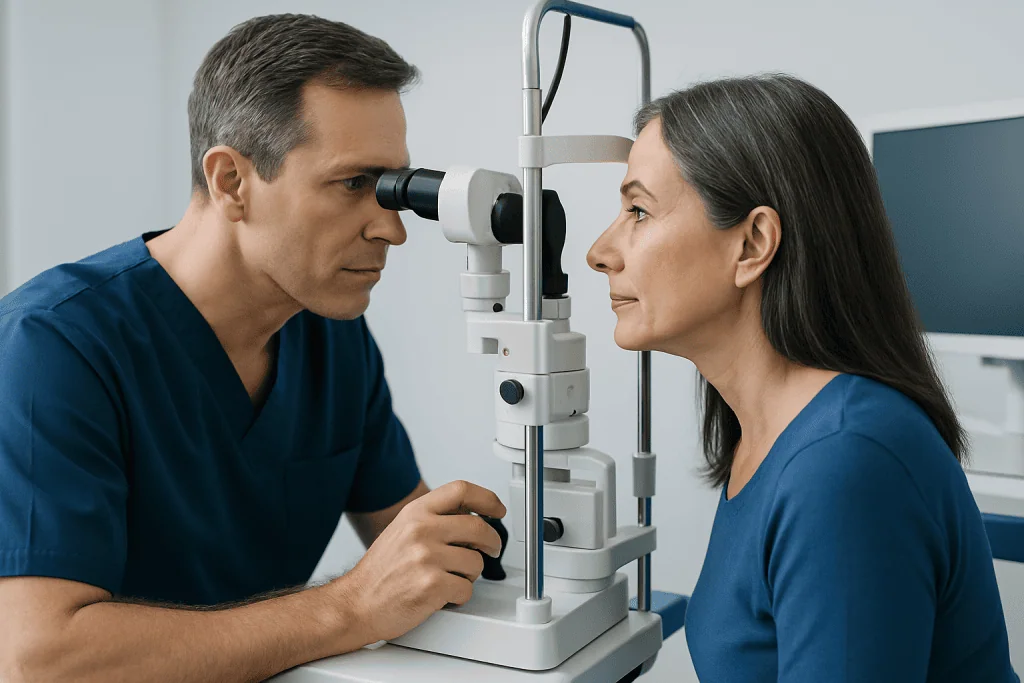 Ophthalmologist examining a woman's eye with a slit lamp microscope.
